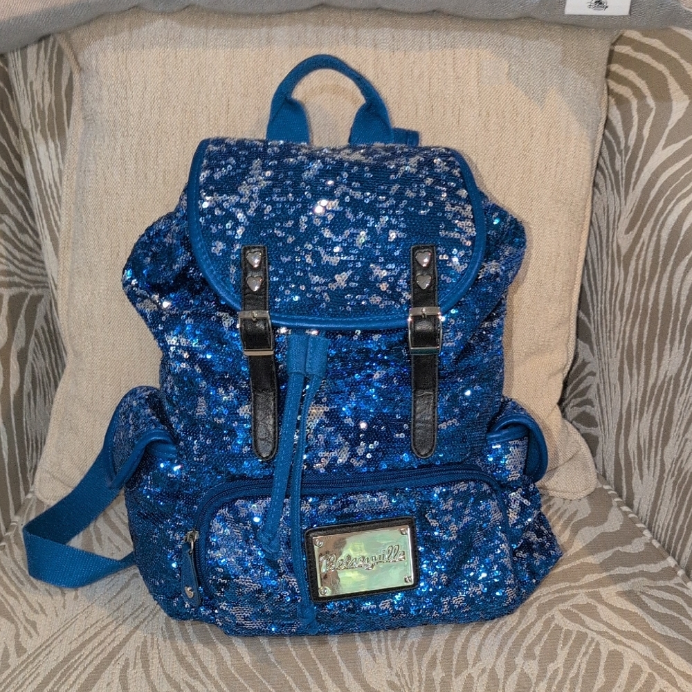 Betsyville Blue Sequin Backpack With Black Leather Trim And Silver Hardware